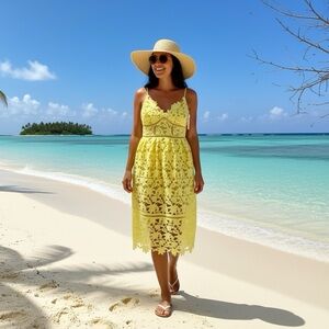 Guess Yellow Lace Midi Dress